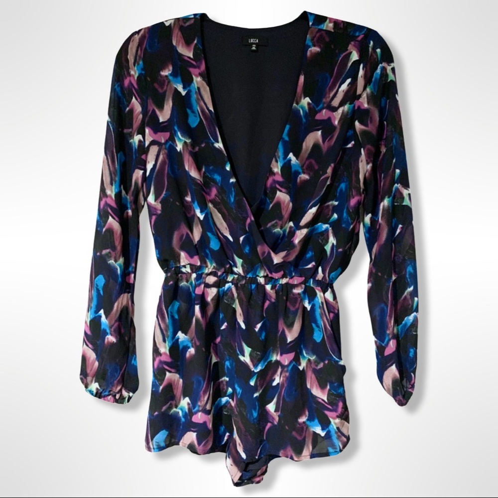 LUCCA COUTURE • Purple & Blue Watercolor Long Sleeve Romper